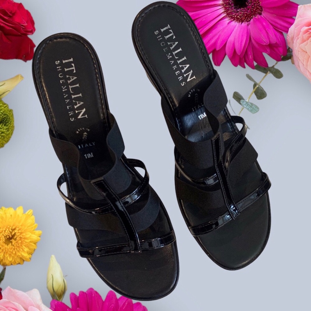 ITALIAN SHOEMAKERS SEMPLICITY BLACK SLIP-ON STRAP WEDGE SANDAL OPEN TOE SANDALS